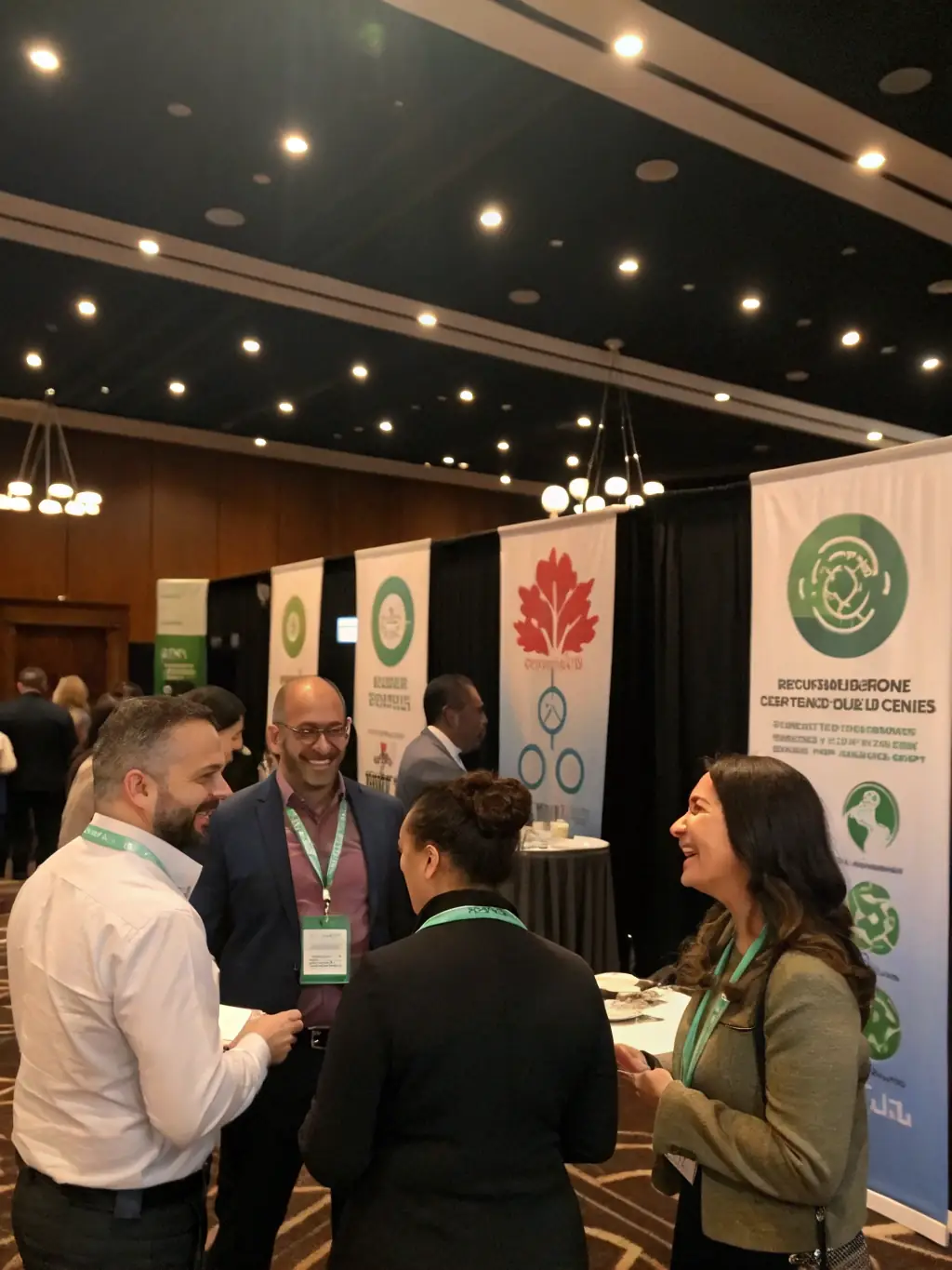 A candid shot of conference attendees actively participating in a networking session, exchanging business cards and engaging in lively conversations at a past Outrunway event.